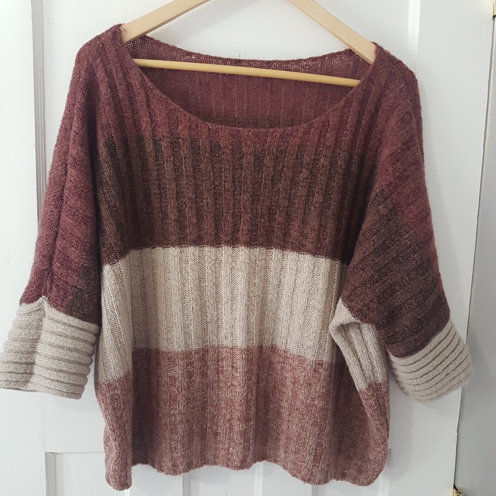 Cliche Wool Mohair Blend 3/4 Sleeve Boxy Boat Neck Knit Sweater Top Sz L